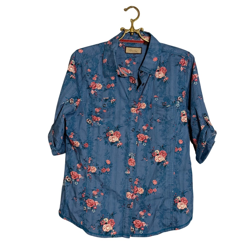 Legacy Falls For Her Womens Blue Floral Snap Front Western Shirt Medium Cotton